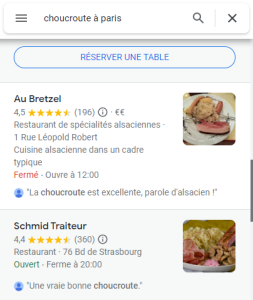 recherche mot-clé choucroute à Paris - SEO local